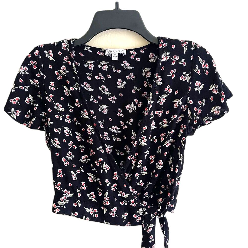 Patrons of Peace Black Floral Wrap Crop Top Size XS Boho Western Short Sleeves